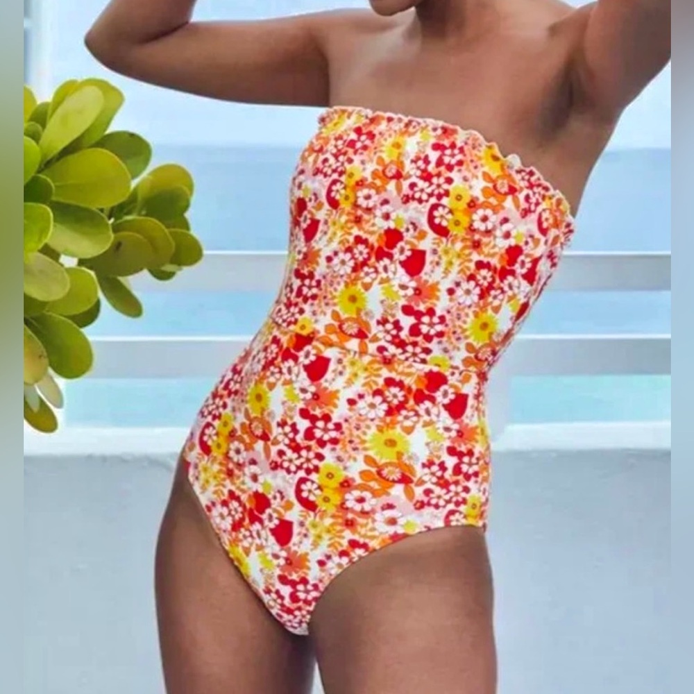 Aerie Tropical Print One Piece Bandeau Swimsuit - Size M